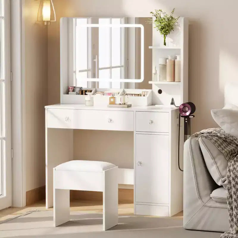 Coiffeuse blanche avec miroir et lumières, ensemble de coiffeuse avec tabouret, miroir éclairé 3 couleurs, table de maquillage avec prise de courant et tiroirs