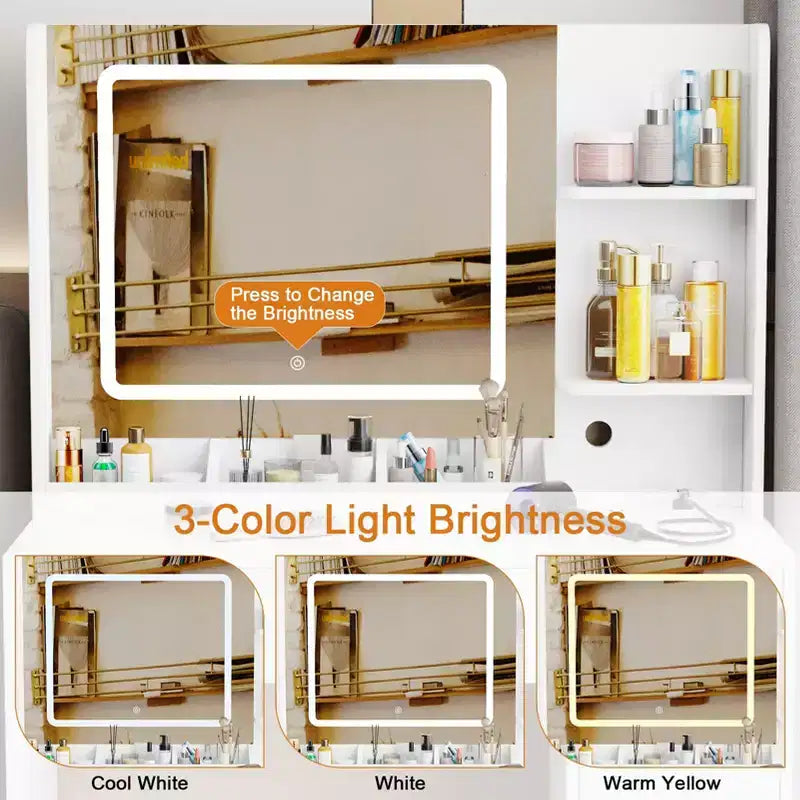 Coiffeuse blanche avec miroir et lumières, ensemble de coiffeuse avec tabouret, miroir éclairé 3 couleurs, table de maquillage avec prise de courant et tiroirs