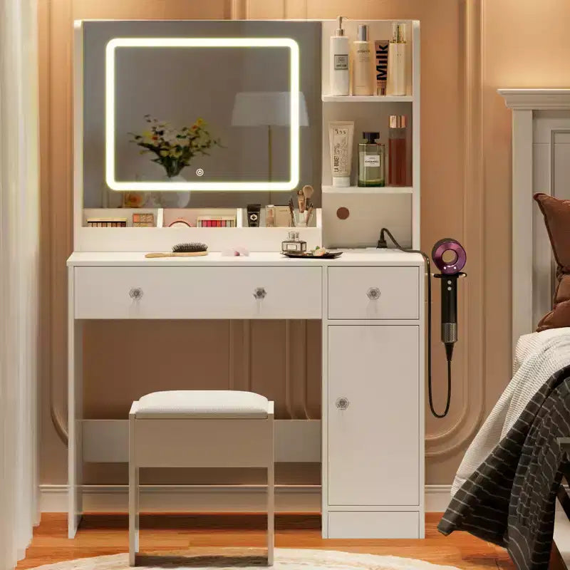 Coiffeuse blanche avec miroir et lumières, ensemble de coiffeuse avec tabouret, miroir éclairé 3 couleurs, table de maquillage avec prise de courant et tiroirs