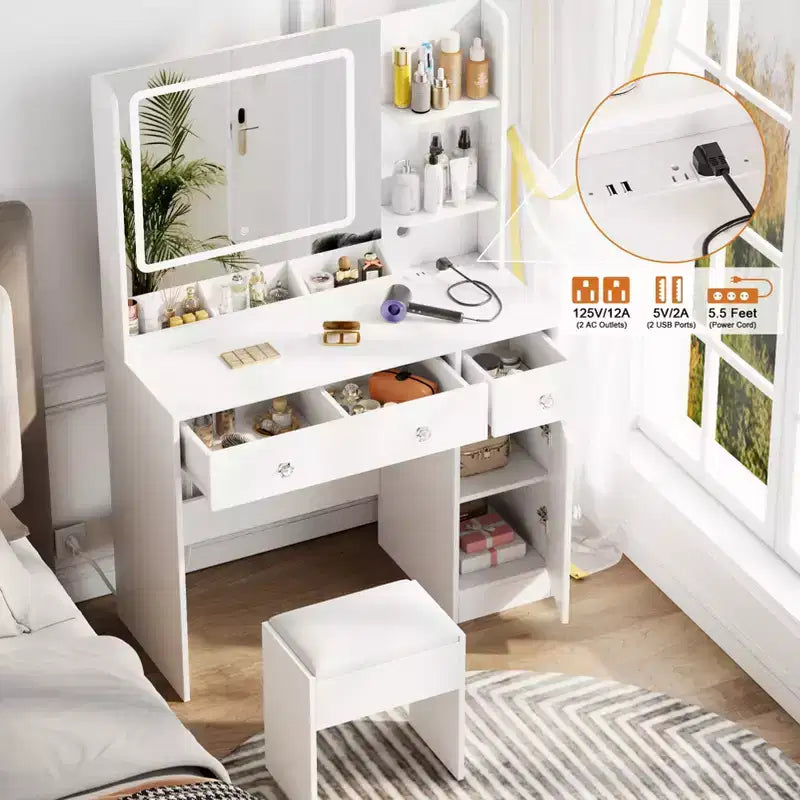 Coiffeuse blanche avec miroir et lumières, ensemble de coiffeuse avec tabouret, miroir éclairé 3 couleurs, table de maquillage avec prise de courant et tiroirs