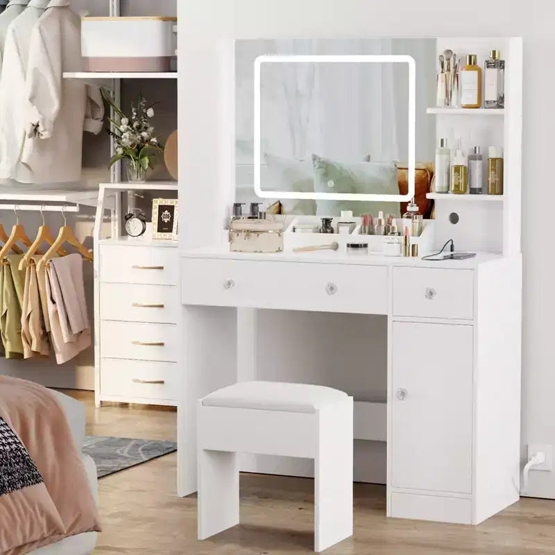 Coiffeuse blanche avec miroir et lumières, ensemble de coiffeuse avec tabouret, miroir éclairé 3 couleurs, table de maquillage avec prise de courant et tiroirs