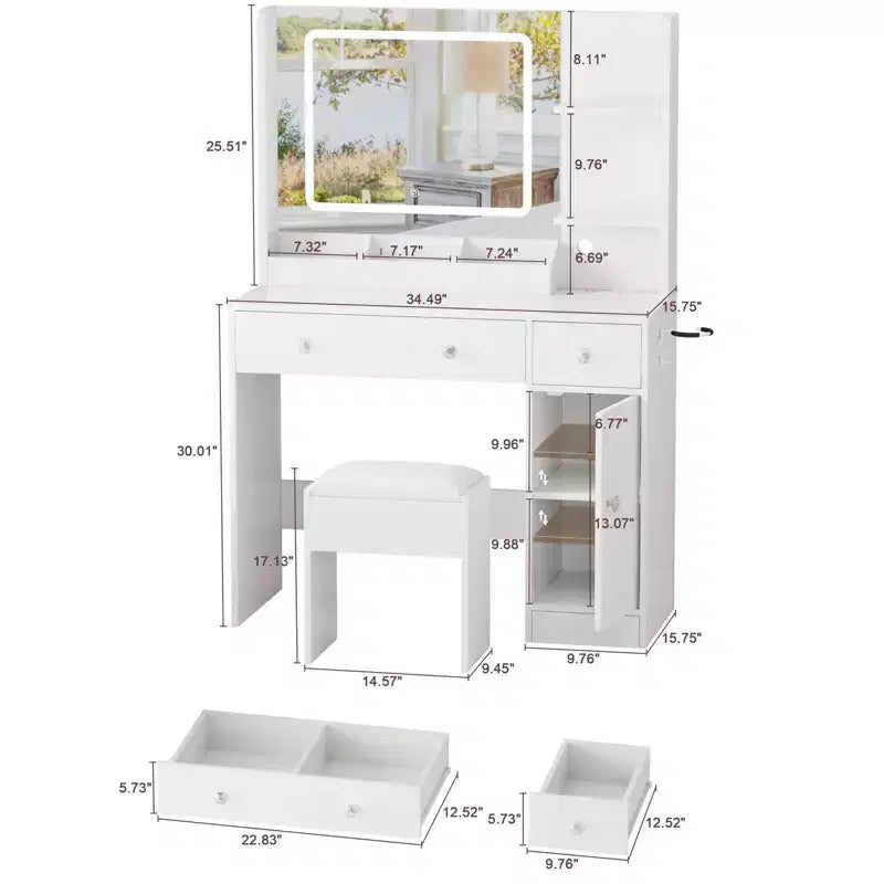 Coiffeuse blanche avec miroir et lumières, ensemble de coiffeuse avec tabouret, miroir éclairé 3 couleurs, table de maquillage avec prise de courant et tiroirs