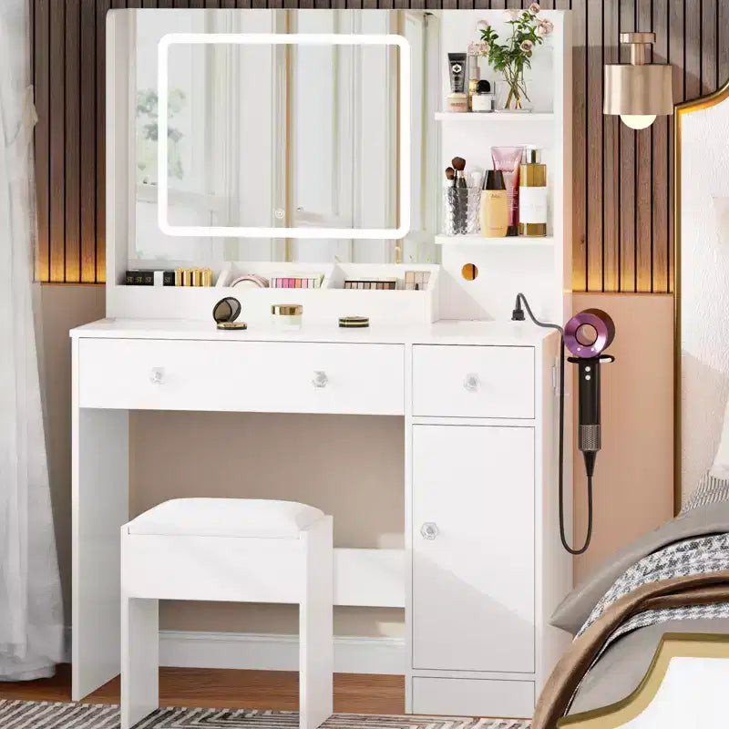 Coiffeuse blanche avec miroir et lumières, ensemble de coiffeuse avec tabouret, miroir éclairé 3 couleurs, table de maquillage avec prise de courant et tiroirs