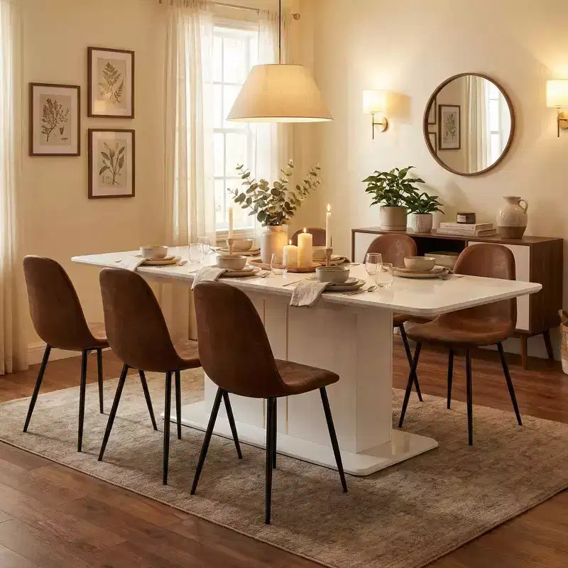 FurnitureR 7 Piece Dining Table Set for 6, Modern MDF Dining Table with 6 Suede Upholstered Chairs, Metal Legs Kitchen Dining Room Table Set for Home