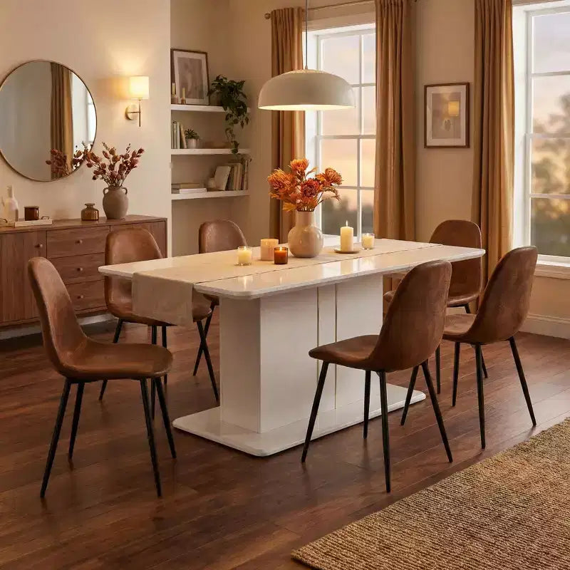 Ensemble de salle à manger 7 pièces FurnitureR pour 6 personnes, table à manger moderne en MDF avec 6 chaises rembourrées en suède, ensemble de table de cuisine et salle à manger avec pieds en métal pour la maison