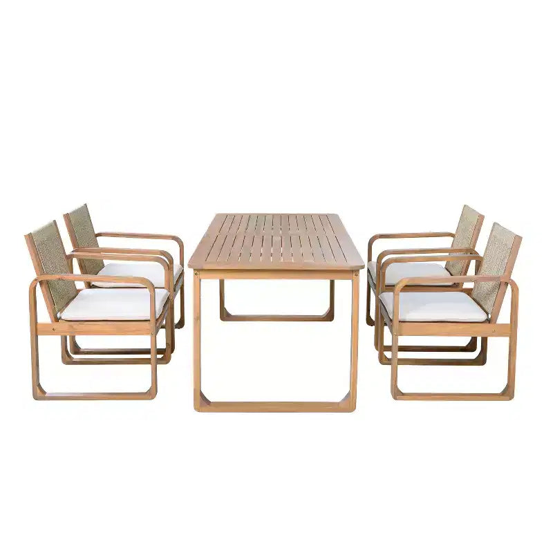 Ensemble de salle à manger d'extérieur ModernLuxe 5/7 pièces, table en bois d'acacia 71" avec coussins + 6 chaises de salle à manger à dossier en corde, finition teck clair