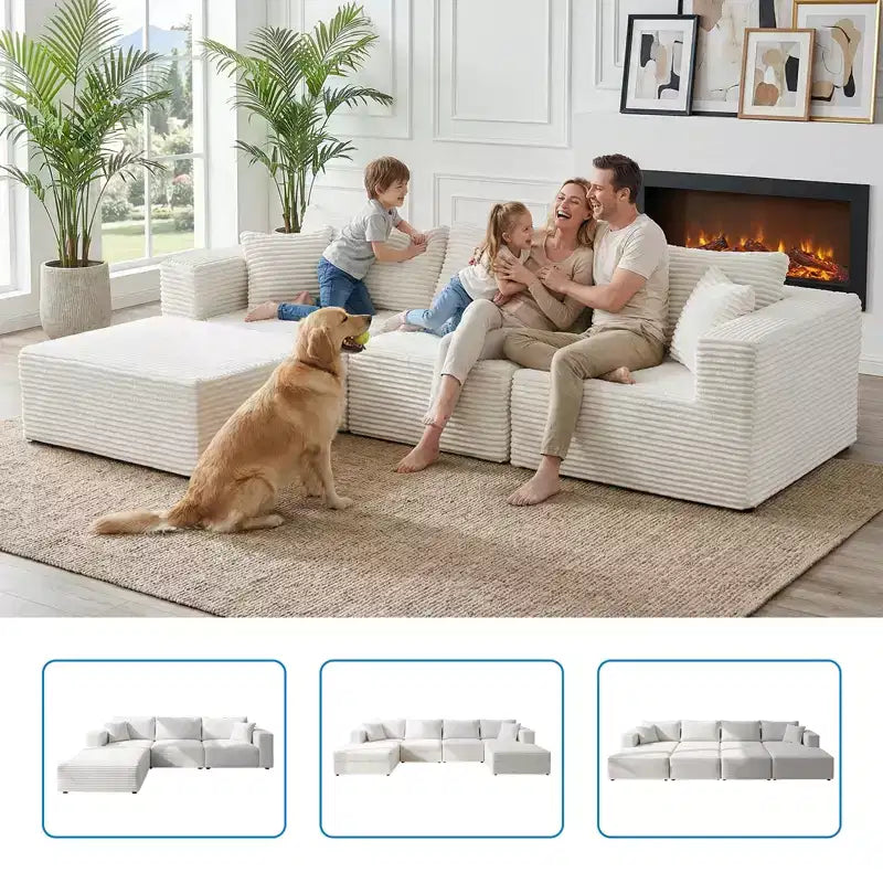Grand canapé d'angle modulaire Mjkone avec méridienne, velours côtelé de qualité supérieure, adapté aux animaux, blanc ivoire