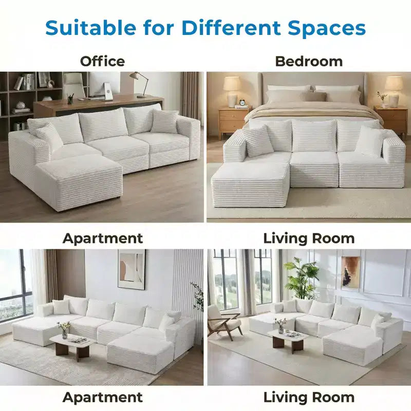 Grand canapé d'angle modulaire Mjkone avec méridienne, velours côtelé de qualité supérieure, adapté aux animaux, blanc ivoire