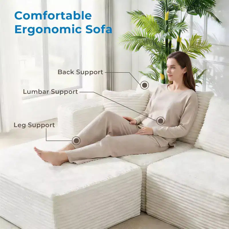 Grand canapé d'angle modulaire Mjkone avec méridienne, velours côtelé de qualité supérieure, adapté aux animaux, blanc ivoire