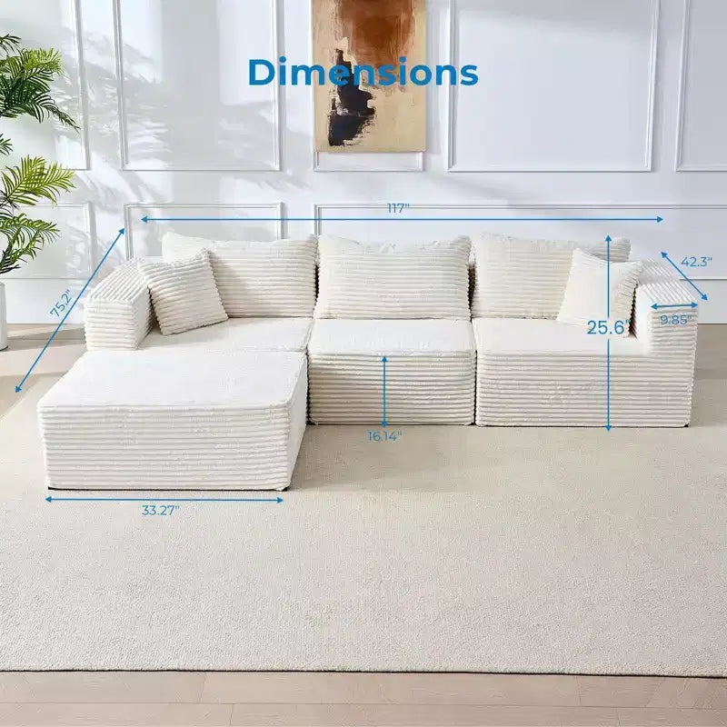 Grand canapé d'angle modulaire Mjkone avec méridienne, velours côtelé de qualité supérieure, adapté aux animaux, blanc ivoire
