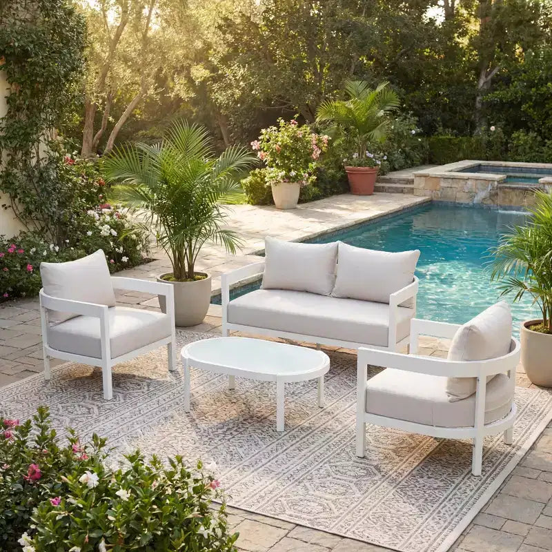 GDFStudio Estella, ensemble de conversation moderne d'extérieur en aluminium 4 pièces avec table basse en verre