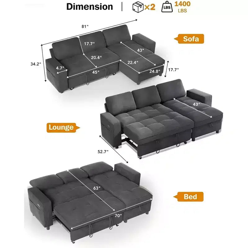 Canapé d'angle Dyonery avec lit escamotable, méridienne de rangement, dossier réglable et port USB, chenille