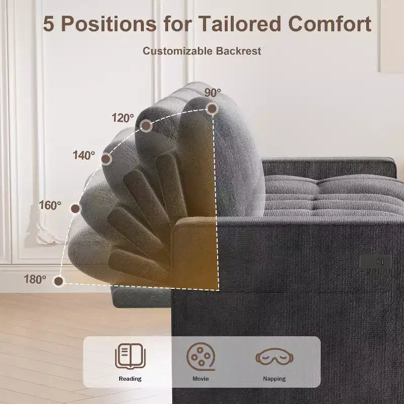 Canapé d'angle Dyonery avec lit escamotable, méridienne de rangement, dossier réglable et port USB, chenille