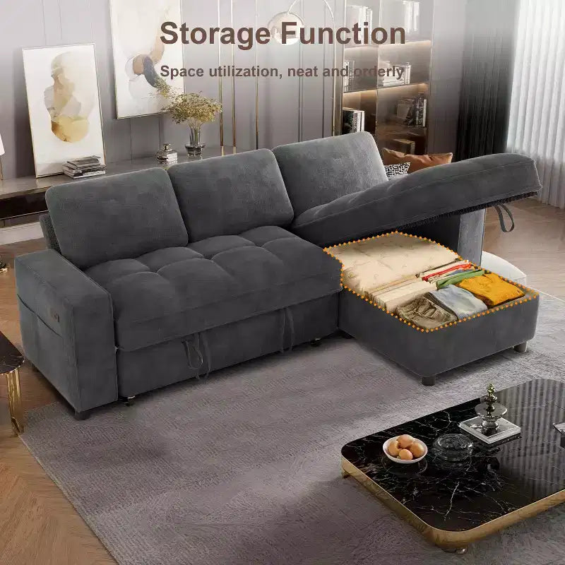 Canapé d'angle Dyonery avec lit escamotable, méridienne de rangement, dossier réglable et port USB, chenille