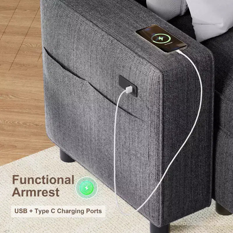 Canapé d'angle Dyonery avec lit escamotable, méridienne de rangement, dossier réglable et port USB, chenille