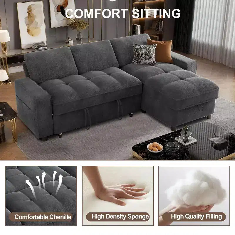 Canapé d'angle Dyonery avec lit escamotable, méridienne de rangement, dossier réglable et port USB, chenille