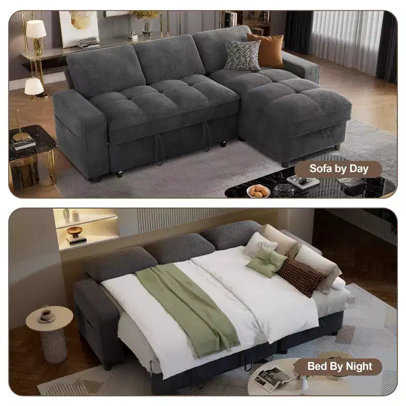 Canapé d'angle Dyonery avec lit escamotable, méridienne de rangement, dossier réglable et port USB, chenille