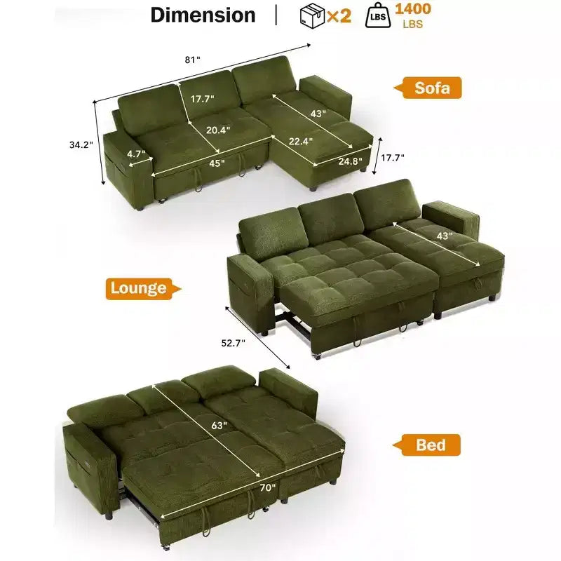 Canapé d'angle Dyonery avec lit escamotable, méridienne de rangement, dossier réglable et port USB, chenille
