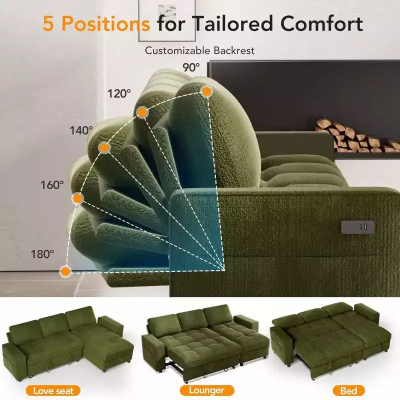 Canapé d'angle Dyonery avec lit escamotable, méridienne de rangement, dossier réglable et port USB, chenille