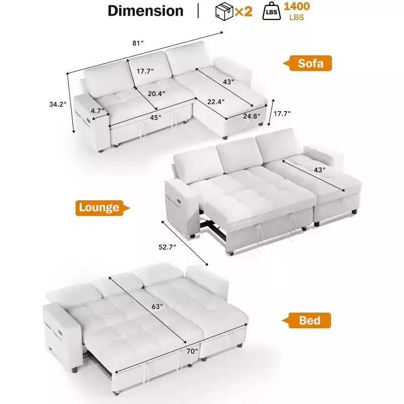Canapé d'angle Dyonery avec lit escamotable, méridienne de rangement, dossier réglable et port USB, chenille
