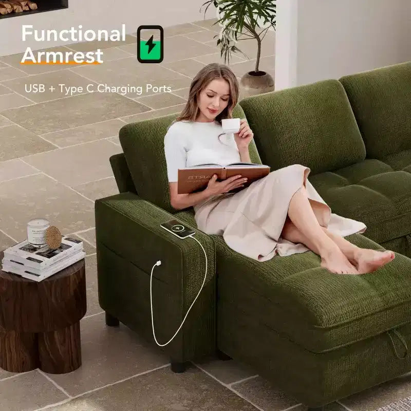 Canapé d'angle Dyonery avec lit escamotable, méridienne de rangement, dossier réglable et port USB, chenille
