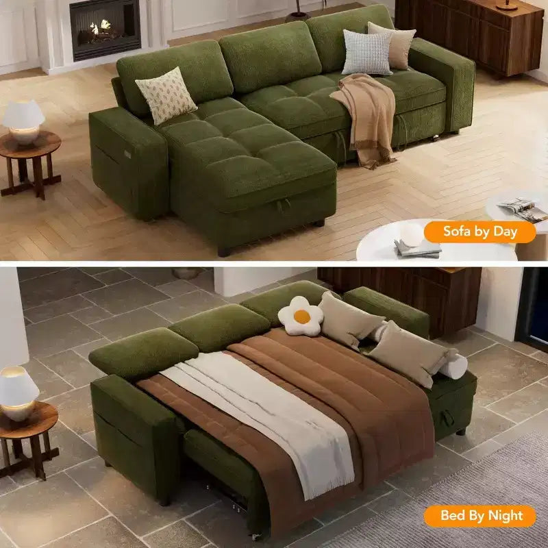Canapé d'angle Dyonery avec lit escamotable, méridienne de rangement, dossier réglable et port USB, chenille
