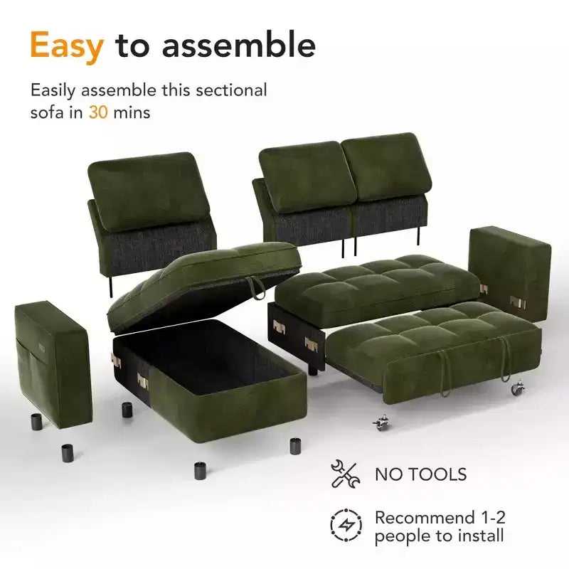 Canapé d'angle Dyonery avec lit escamotable, méridienne de rangement, dossier réglable et port USB, chenille