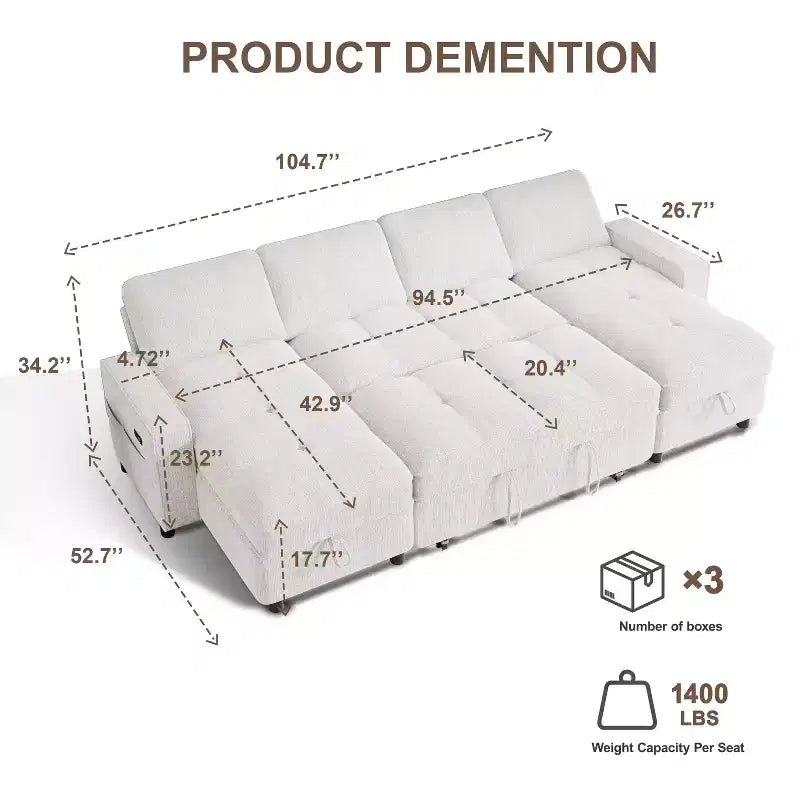 Canapé d'angle Dyonery avec lit escamotable, méridienne de rangement, dossier réglable et port USB, chenille