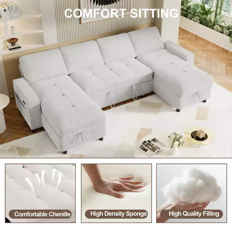 Canapé d'angle Dyonery avec lit escamotable, méridienne de rangement, dossier réglable et port USB, chenille