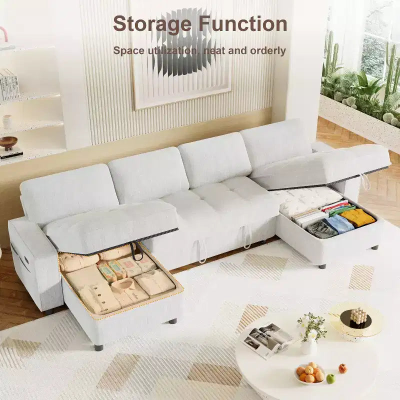 Canapé d'angle Dyonery avec lit escamotable, méridienne de rangement, dossier réglable et port USB, chenille