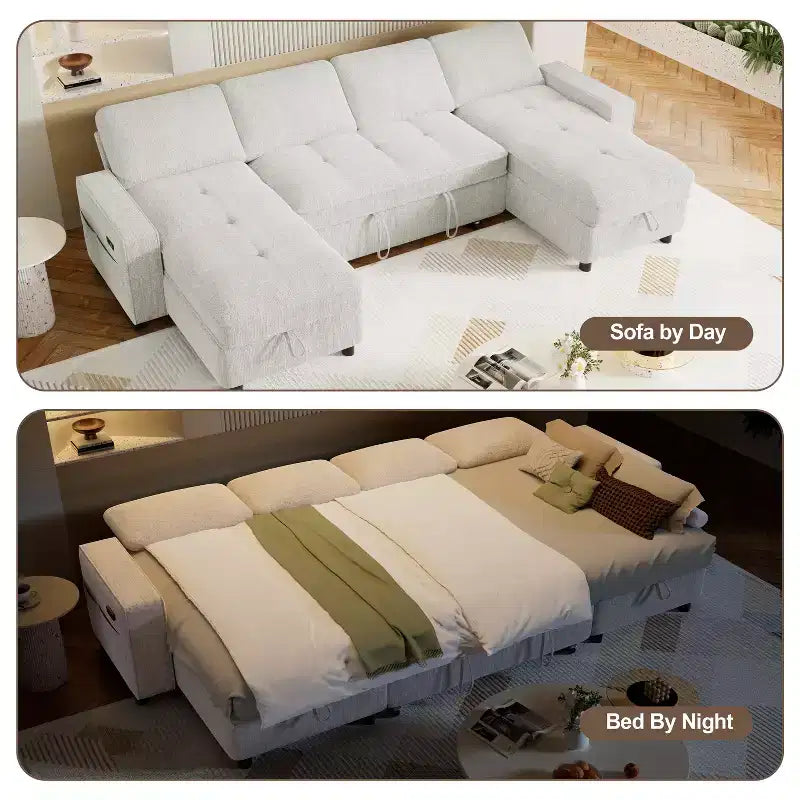Canapé d'angle Dyonery avec lit escamotable, méridienne de rangement, dossier réglable et port USB, chenille