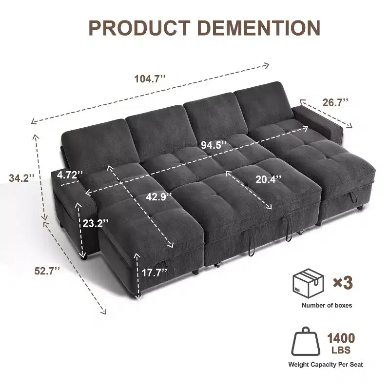 Canapé d'angle Dyonery avec lit escamotable, méridienne de rangement, dossier réglable et port USB, chenille