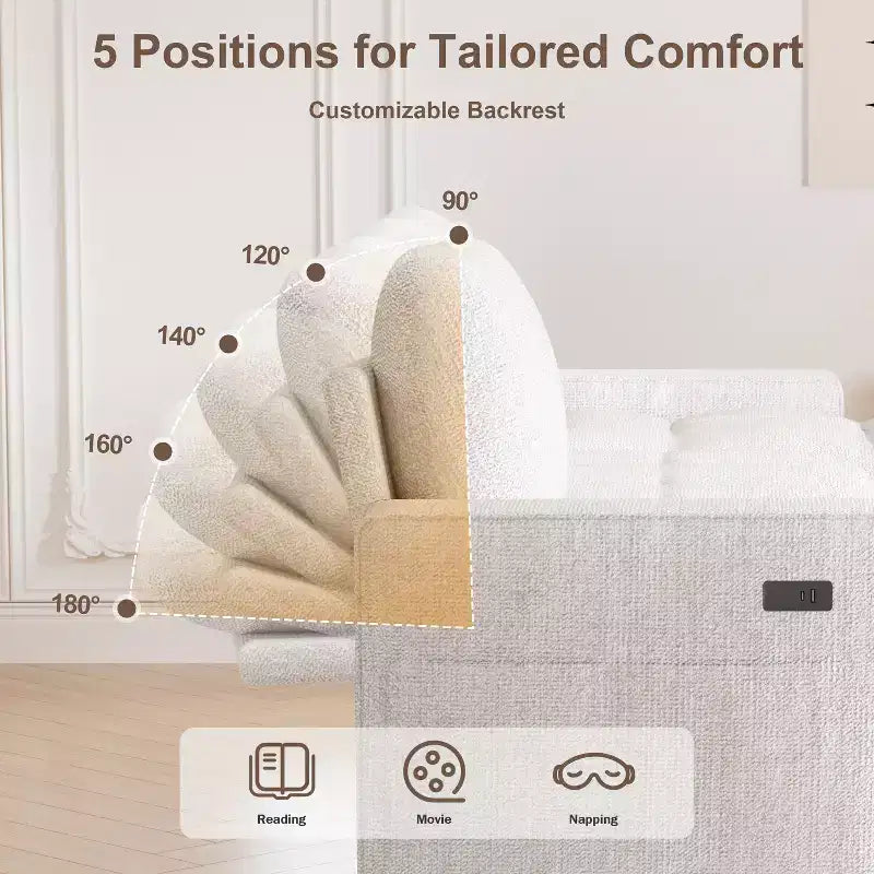Canapé d'angle Dyonery avec lit escamotable, méridienne de rangement, dossier réglable et port USB, chenille