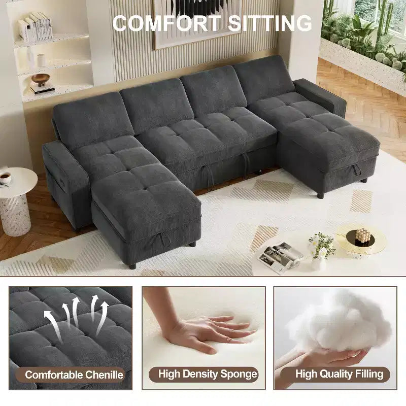 Canapé d'angle Dyonery avec lit escamotable, méridienne de rangement, dossier réglable et port USB, chenille