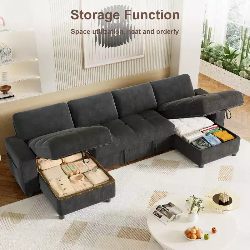 Canapé d'angle Dyonery avec lit escamotable, méridienne de rangement, dossier réglable et port USB, chenille