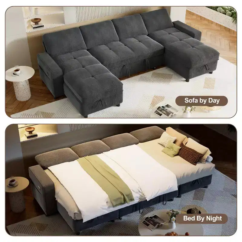 Canapé d'angle Dyonery avec lit escamotable, méridienne de rangement, dossier réglable et port USB, chenille