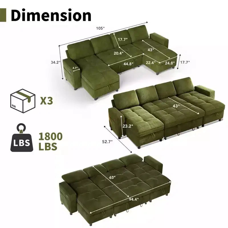 Canapé d'angle Dyonery avec lit escamotable, méridienne de rangement, dossier réglable et port USB, chenille