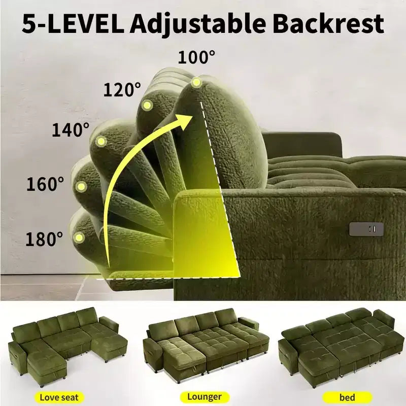 Canapé d'angle Dyonery avec lit escamotable, méridienne de rangement, dossier réglable et port USB, chenille