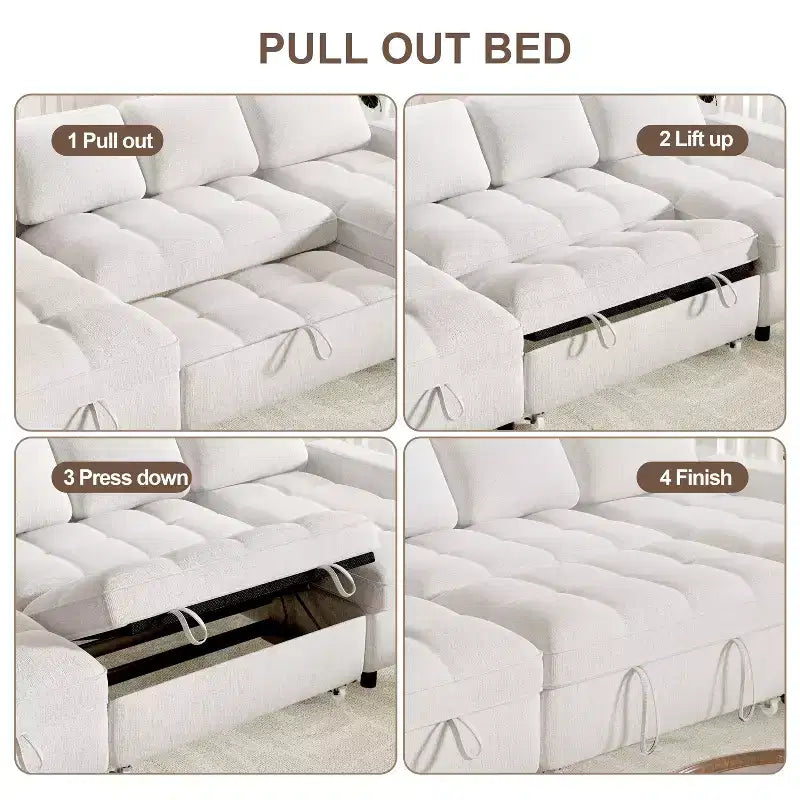 Canapé d'angle Dyonery avec lit escamotable, méridienne de rangement, dossier réglable et port USB, chenille