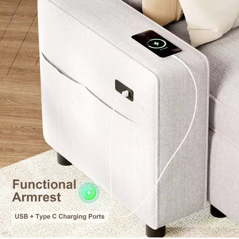 Canapé d'angle Dyonery avec lit escamotable, méridienne de rangement, dossier réglable et port USB, chenille