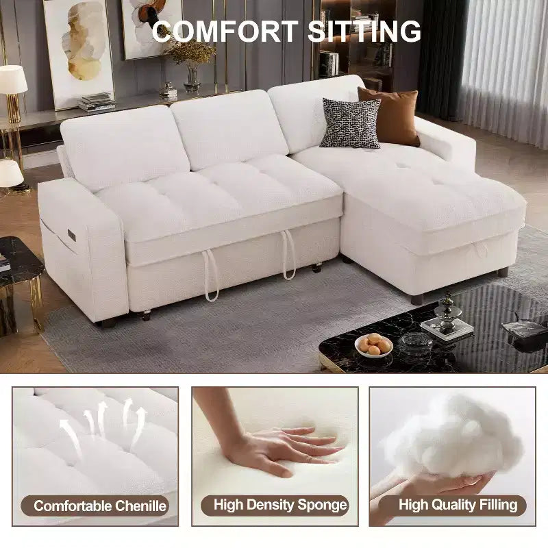 Canapé d'angle Dyonery avec lit escamotable, méridienne de rangement, dossier réglable et port USB, chenille