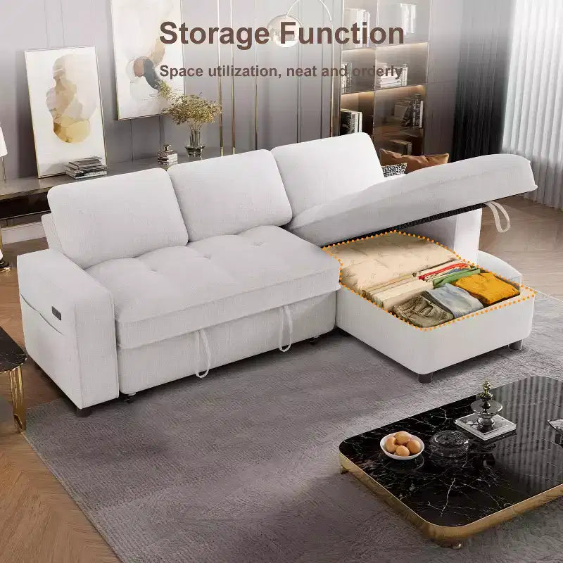 Canapé d'angle Dyonery avec lit escamotable, méridienne de rangement, dossier réglable et port USB, chenille