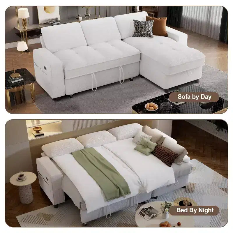 Canapé d'angle Dyonery avec lit escamotable, méridienne de rangement, dossier réglable et port USB, chenille