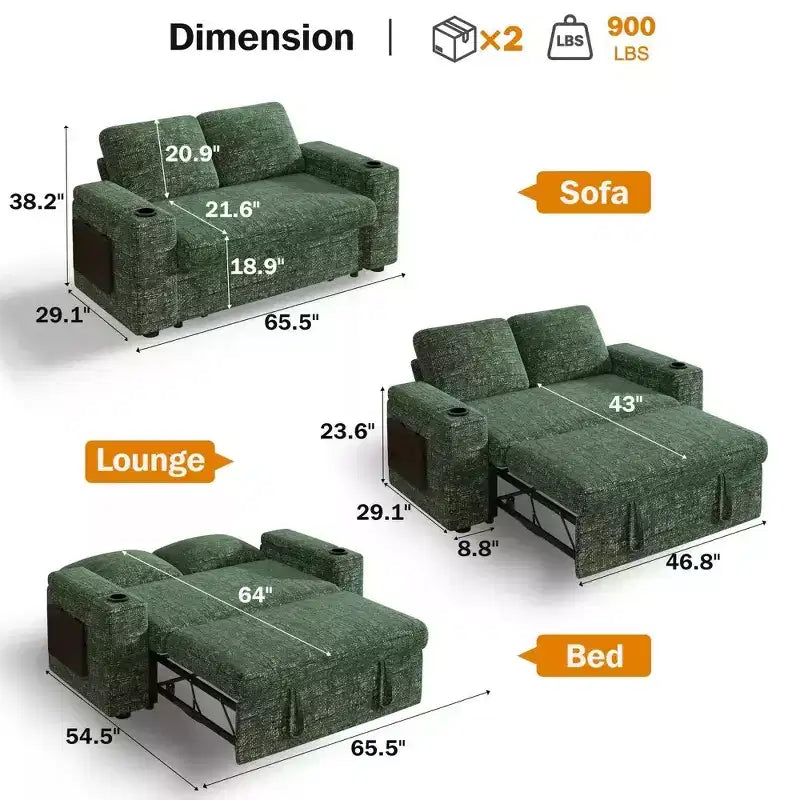 Canapé-lit Dyonery 65.5 4-en-1 avec dossiers réglables, chargement USB et Type-C, porte-gobelets, poches latérales, assemblage sans outils, vert