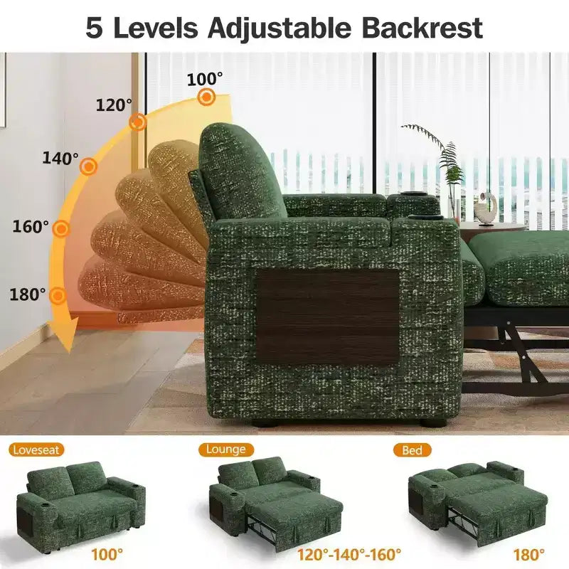 Canapé-lit Dyonery 65.5 4-en-1 avec dossiers réglables, chargement USB et Type-C, porte-gobelets, poches latérales, assemblage sans outils, vert