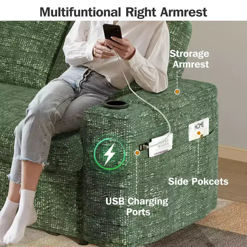 Canapé-lit Dyonery 65.5 4-en-1 avec dossiers réglables, chargement USB et Type-C, porte-gobelets, poches latérales, assemblage sans outils, vert