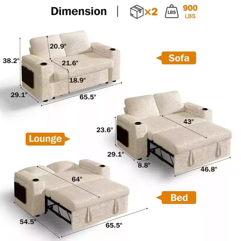 Canapé-lit Dyonery 65.5 4-en-1 avec dossiers réglables, chargement USB et Type-C, porte-gobelets, poches latérales, assemblage sans outils, vert
