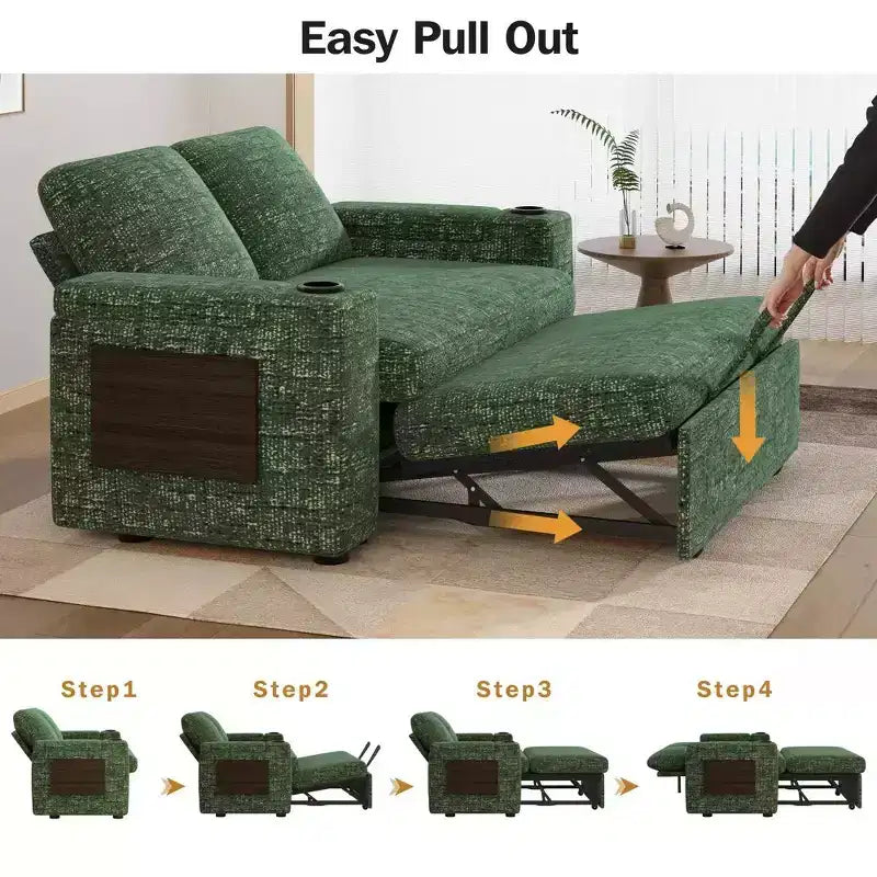 Canapé-lit Dyonery 65.5 4-en-1 avec dossiers réglables, chargement USB et Type-C, porte-gobelets, poches latérales, assemblage sans outils, vert