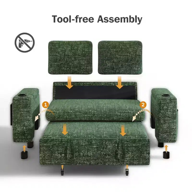 Canapé-lit Dyonery 65.5 4-en-1 avec dossiers réglables, chargement USB et Type-C, porte-gobelets, poches latérales, assemblage sans outils, vert
