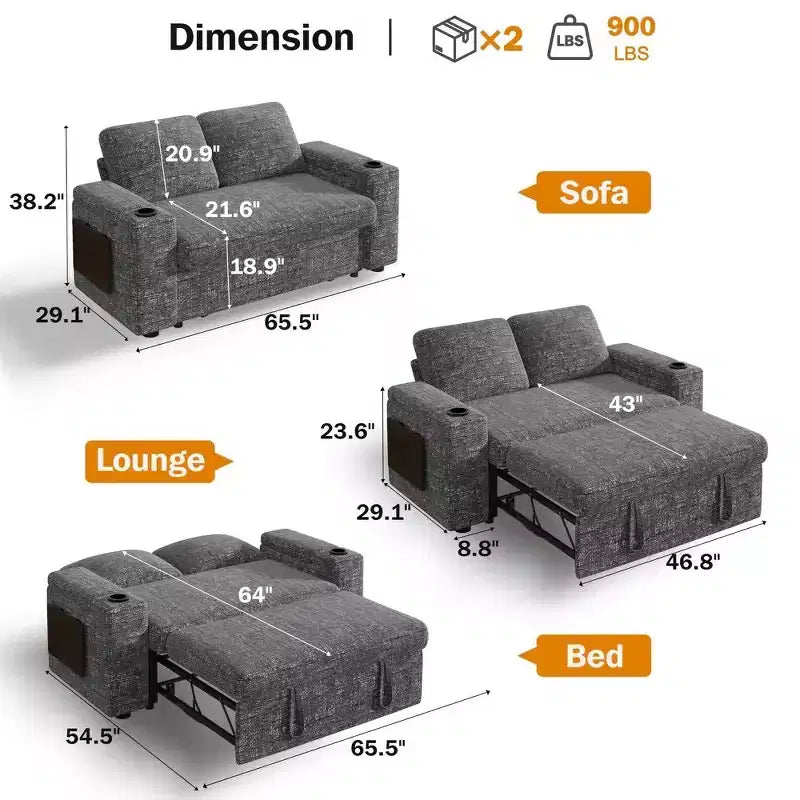 Canapé-lit Dyonery 65.5 4-en-1 avec dossiers réglables, chargement USB et Type-C, porte-gobelets, poches latérales, assemblage sans outils, vert